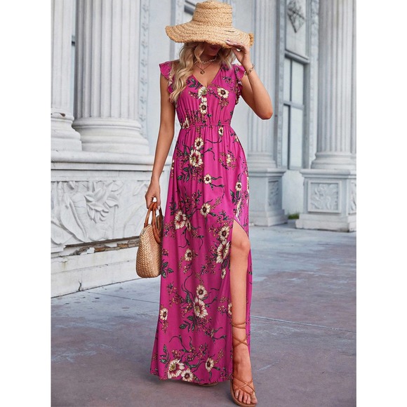 boho Floral Print Ruffle Slit Thigh maxi Dress (Without Belt) rust orange - Picture 3 of 11